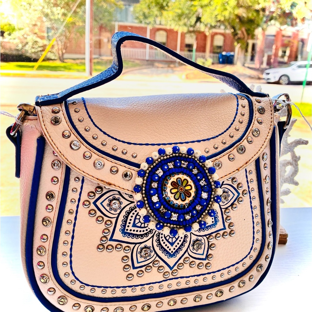 Montana West Cream Crossbody Saddle Bag with Blue Accents